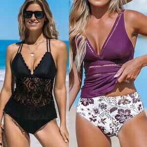 NWT Cupshe Tankini 2 PC Swimsuit - Scalloped Lace & Cutout Bathingsuit Bundle L